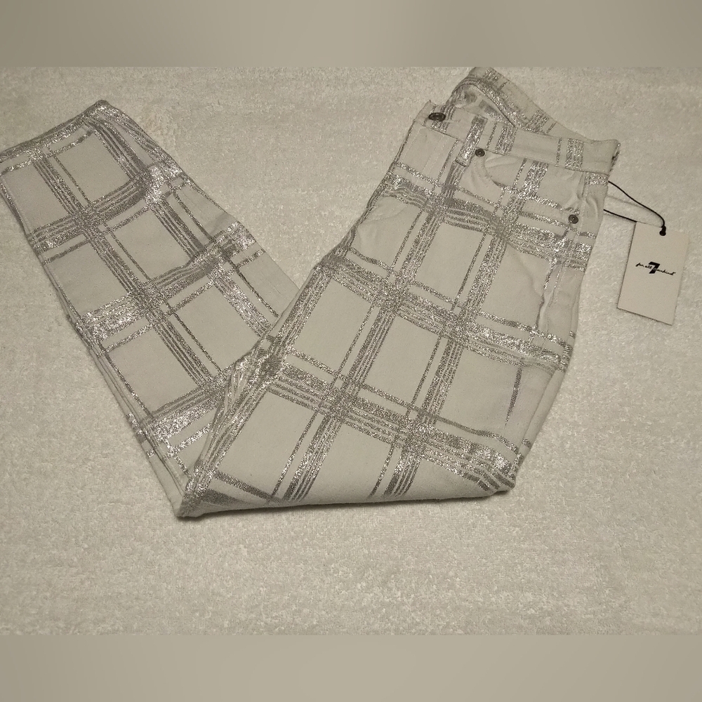 BRAND NEW 7 For All Mankind Chic Silver Plaid Skinny Pants- Size 28